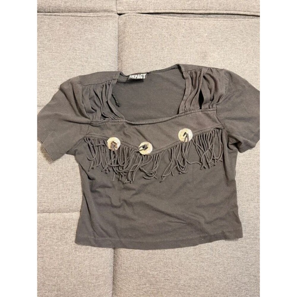 Impact Black Fringe Crop Top with Shoulder Pads